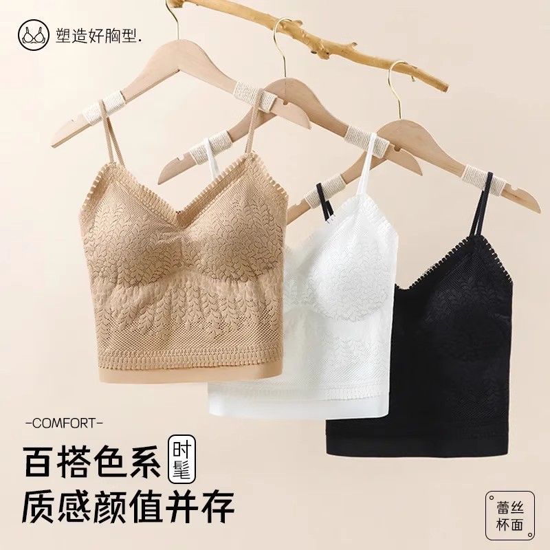 外贸爆款夏蕾丝吊带背心女带胸垫一体式无痕百搭薄款美背内衣
