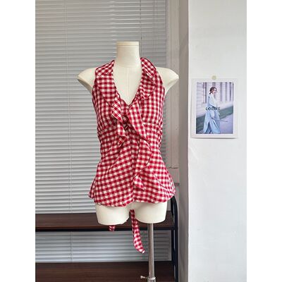 蓝色格子挂脖吊带背心女夏季辣妹不规则荷叶边v领收腰显瘦小上衣