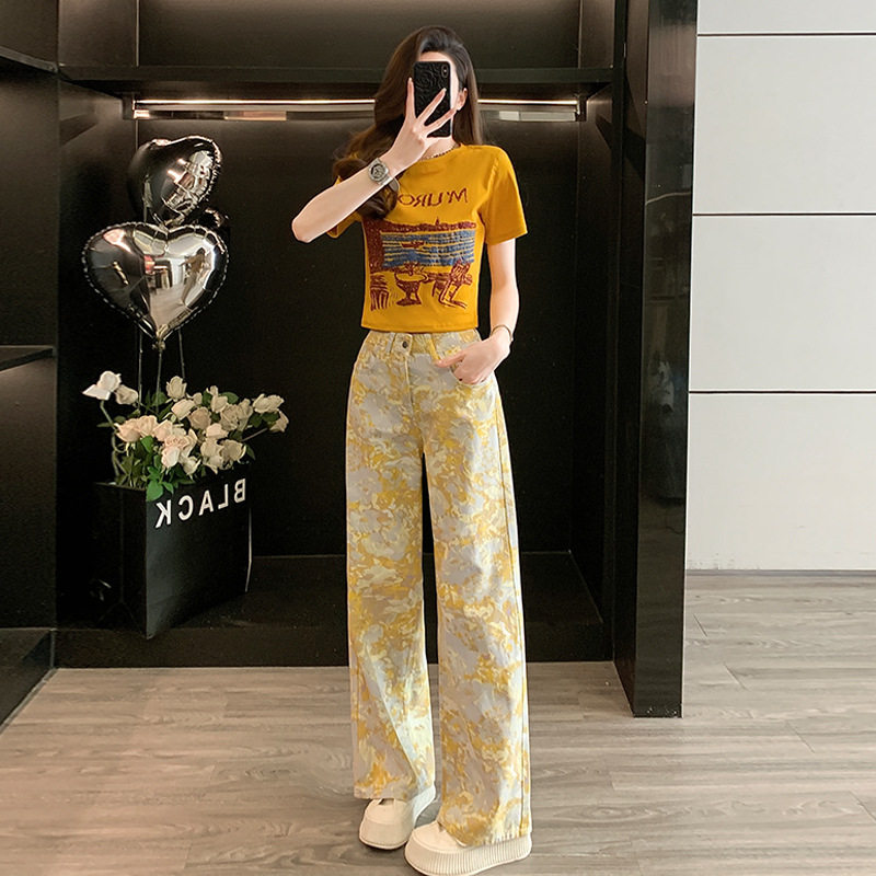 夏季新款黄色复古短袖套装女街头时尚多巴胺洋气印花牛仔裤两件套