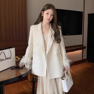 口双面羊毛大衣女25秋冬新款 设计款 韩版 时尚 呢外套 小西装 驼鸟毛袖