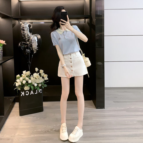 韩系针织衫poloT恤白色短裙女装