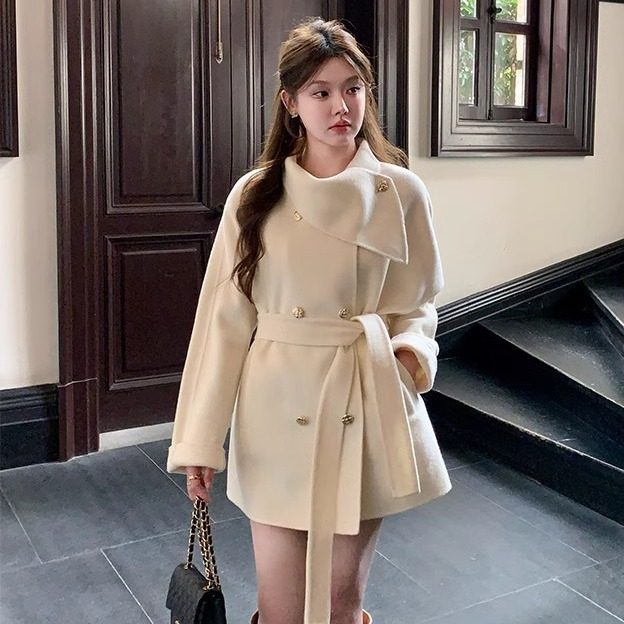 韩系双面羊毛呢外套女2025年秋冬新款小香风中长款围脖领系带大衣,女装/女士精品,毛呢外套,淘宝优惠券,粉丝福利购,淘宝优惠卷