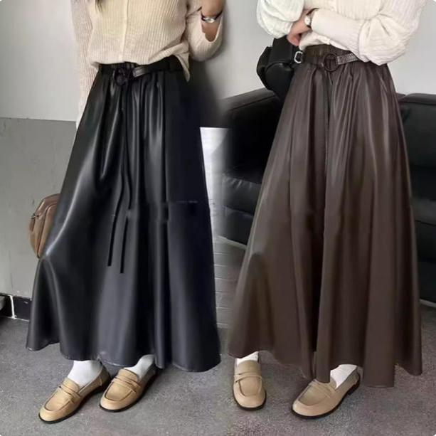 复古高腰A字大摆PU皮半身裙女