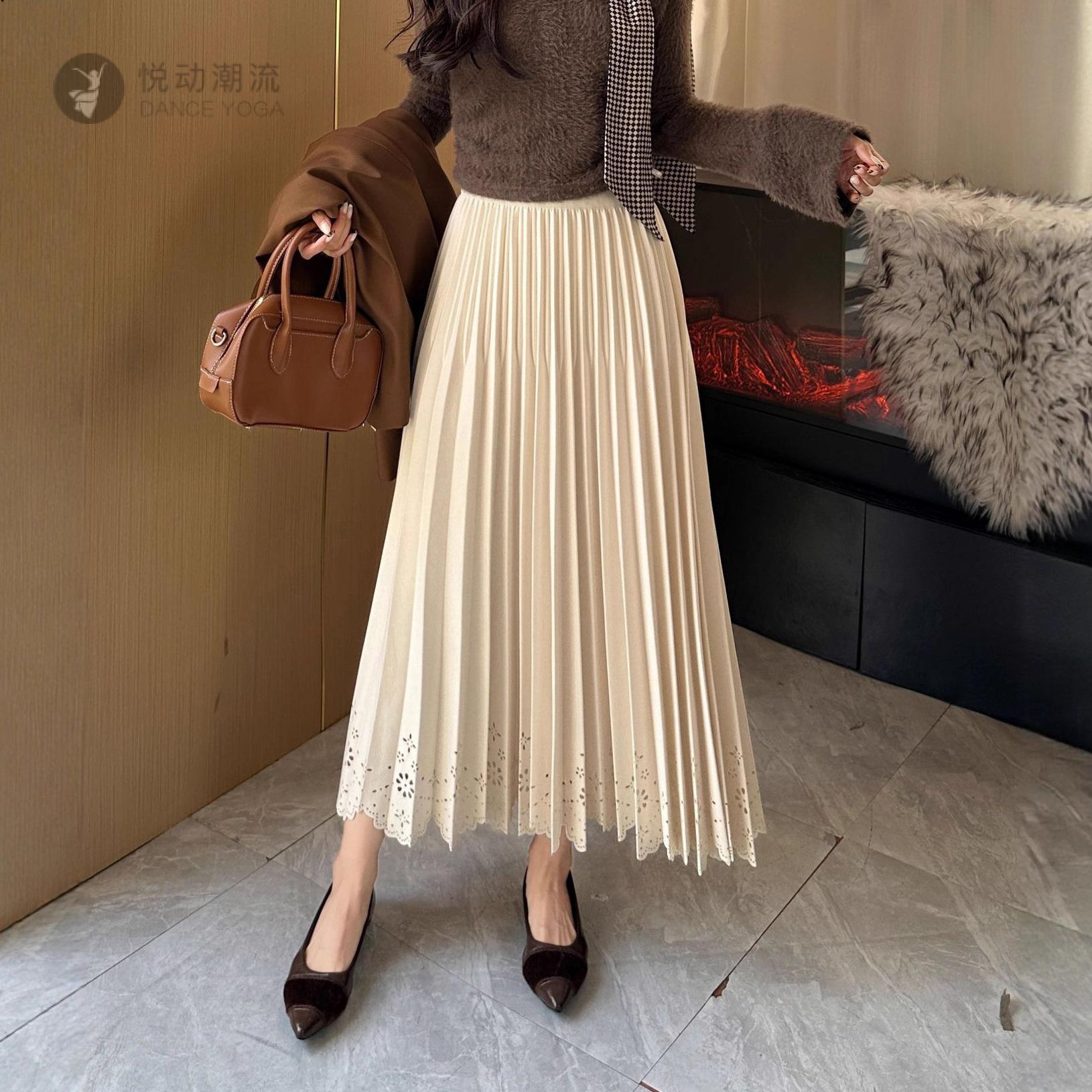 设计感镂空烧花毛呢百褶裙女秋冬