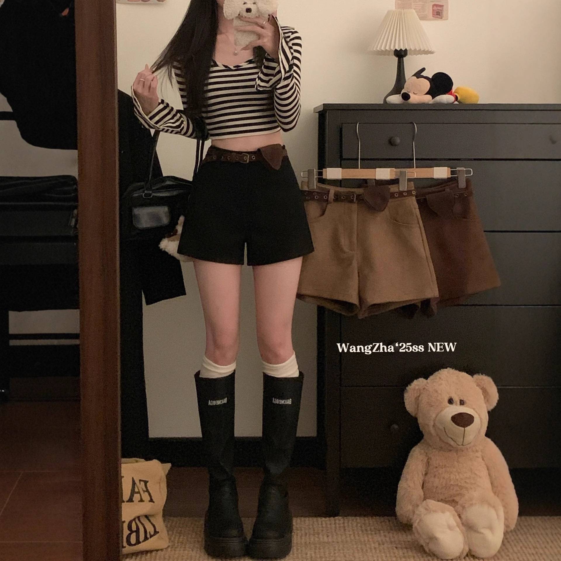 复古绒面休闲短裤女秋季高腰显瘦