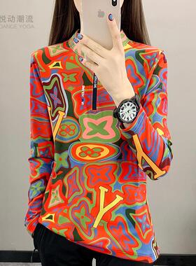 233101印花新款德绒双面磨毛打底衫长袖百搭秋冬上衣加绒立领时