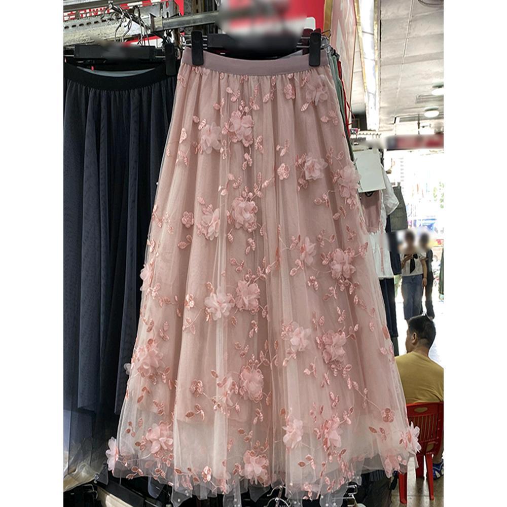 法式粉色立体绣花网纱半身裙女裙