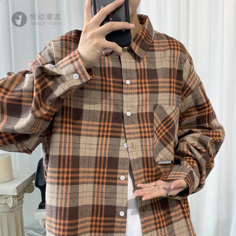 春秋款长袖格子衬衫男宽松潮流学生休闲复古帅气外穿磨毛衬衣外套