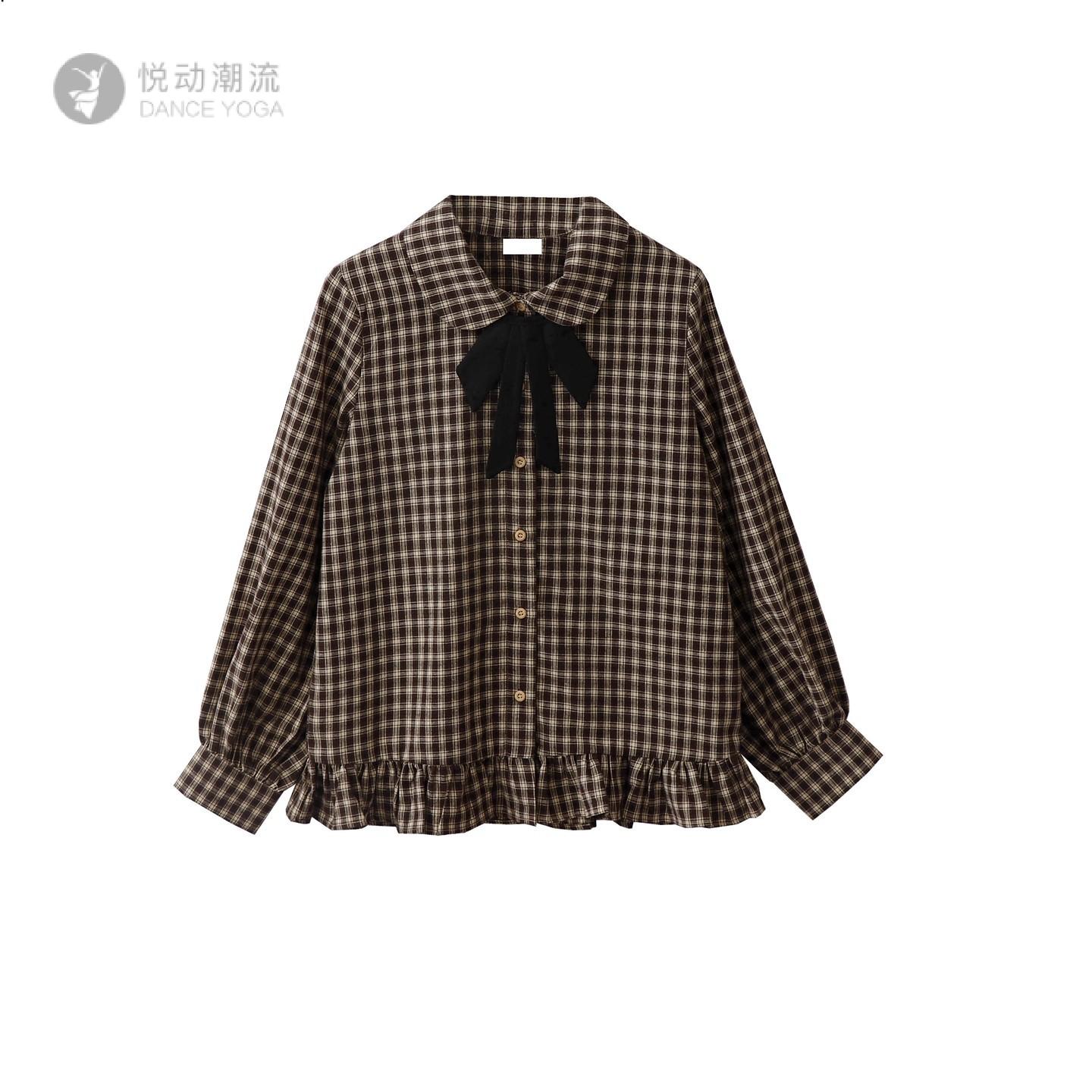 日系森系复古格子结衬衫女春秋