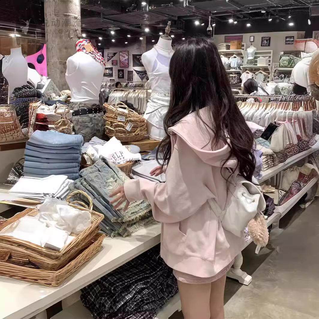 粉色外套女款春女式韩系慵懒风连帽绿色2026开衫韩版新款春季卫衣