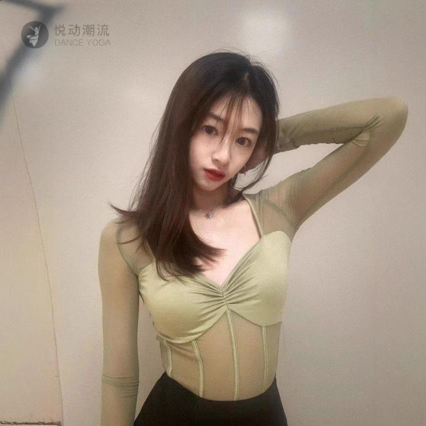 带胸垫长袖恤女网纱拼接性感