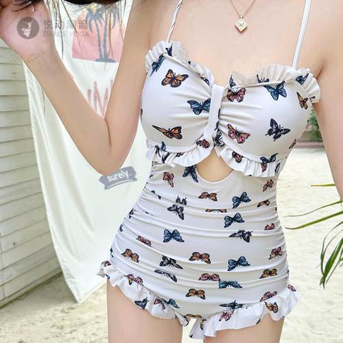 小香风木耳边显瘦连体泳衣