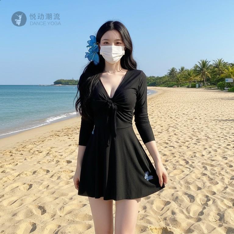 温泉泳衣女黑色显瘦长袖两件套