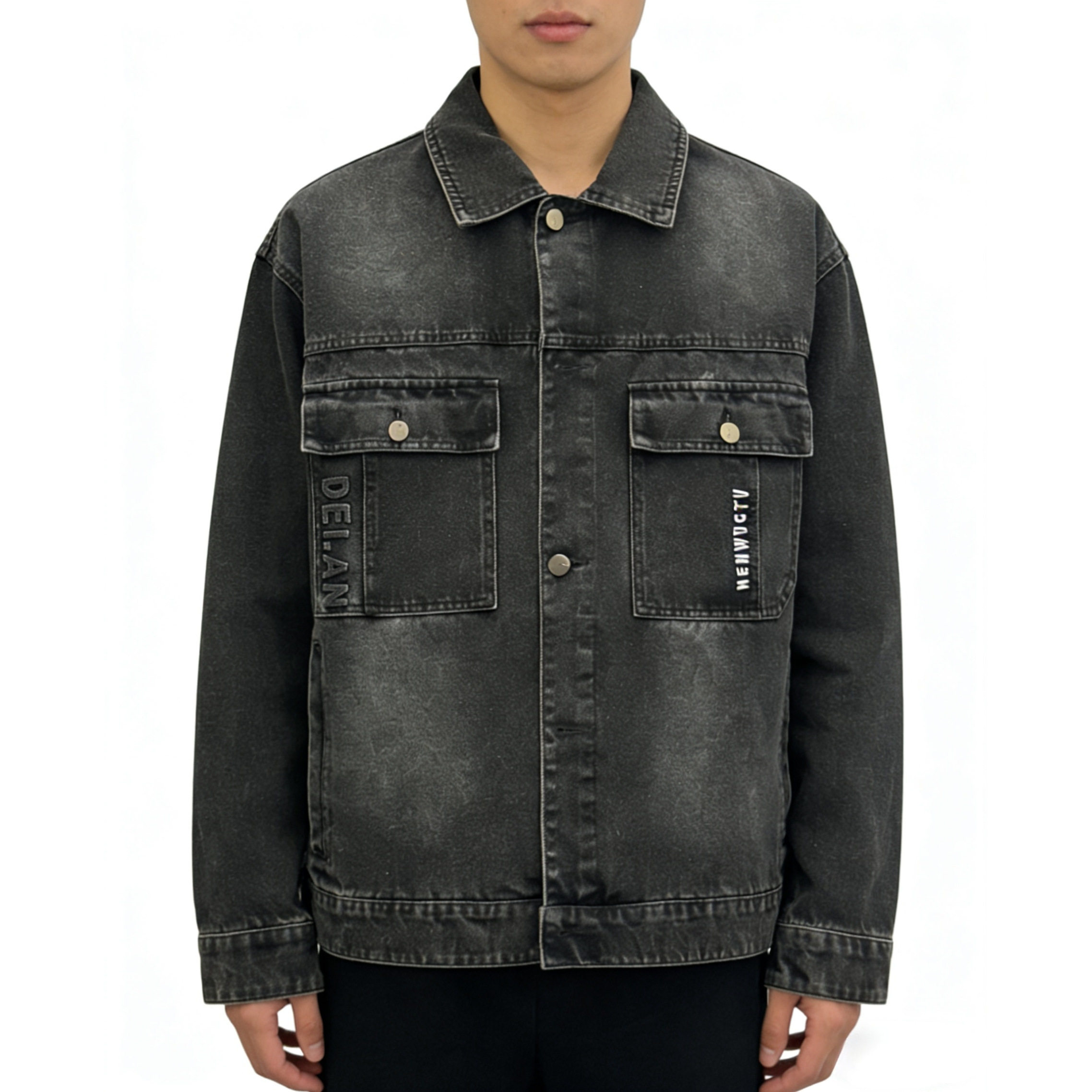 2026春季街头休闲风男士牛仔外套翻领多口袋工装做旧黑色夹克长袖