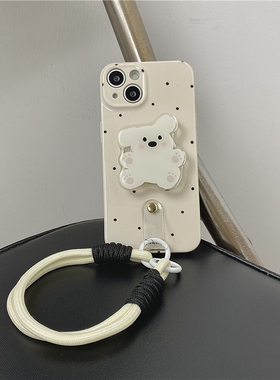 奶黄色波点小狗支架适用iphone15promax手机壳苹果13手绳12保护套14Pro女款11新款12Pro全包防摔13ProMax软壳