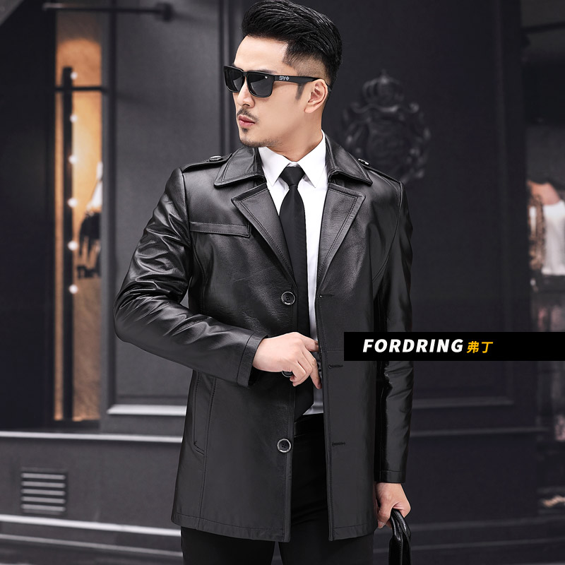 Haining leather coat mens turn over collar layer cowhide windbreaker medium long leather jacket suit collar plus cotton thickening