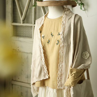 外贸原d多用森女花朵披肩 日系百搭甜美花边棉麻针织围巾饰品春夏