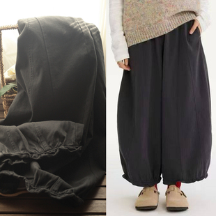 日系原d可爱花苞裤 ni家春装新款全棉松紧腰宽松八九分裤长裤女装