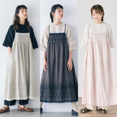 日本森林系混搭单品sm2棉麻刺绣吊带裙 森女宽松高腰娃娃裙中长裙
