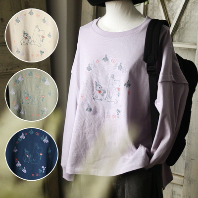 日系可爱姆明刺绣全棉圆领宽松套头卫衣 拼接开叉休闲上衣女装