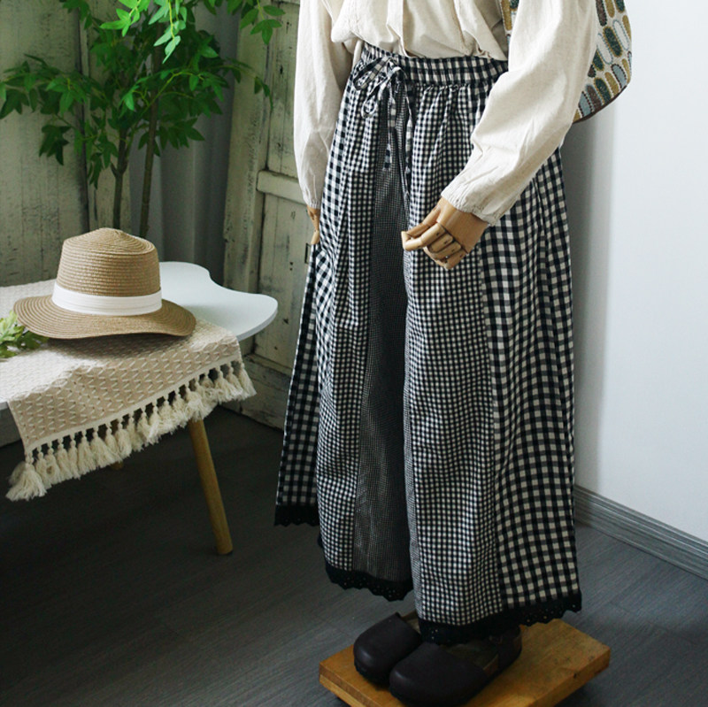 日系秋装文艺拼接格纹全棉阔腿裤 松紧腰宽松休闲裤九分裤女装