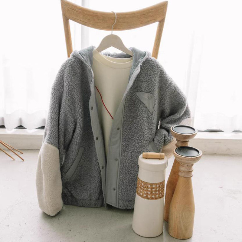 日本poudou家冬季可爱毛绒绒连帽外套日系拼色宽松休闲夹克开衫女