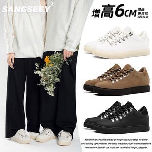 sangseey隐形增高6CM牛皮百搭板鞋牛皮低帮情侣复古时尚休闲鞋男
