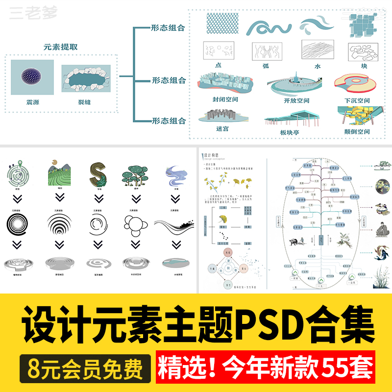 前期概念设计思路ps素材主题元素提取景观规划分析图PSD源文件