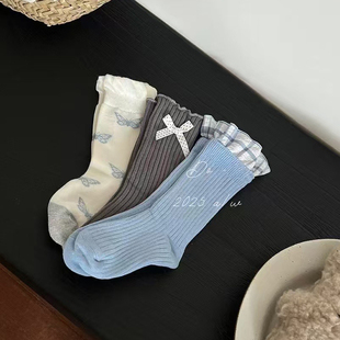 女童秋冬棉袜甜美蝴蝶结珍珠淑女儿童袜公主风中筒袜棉透气红太狼