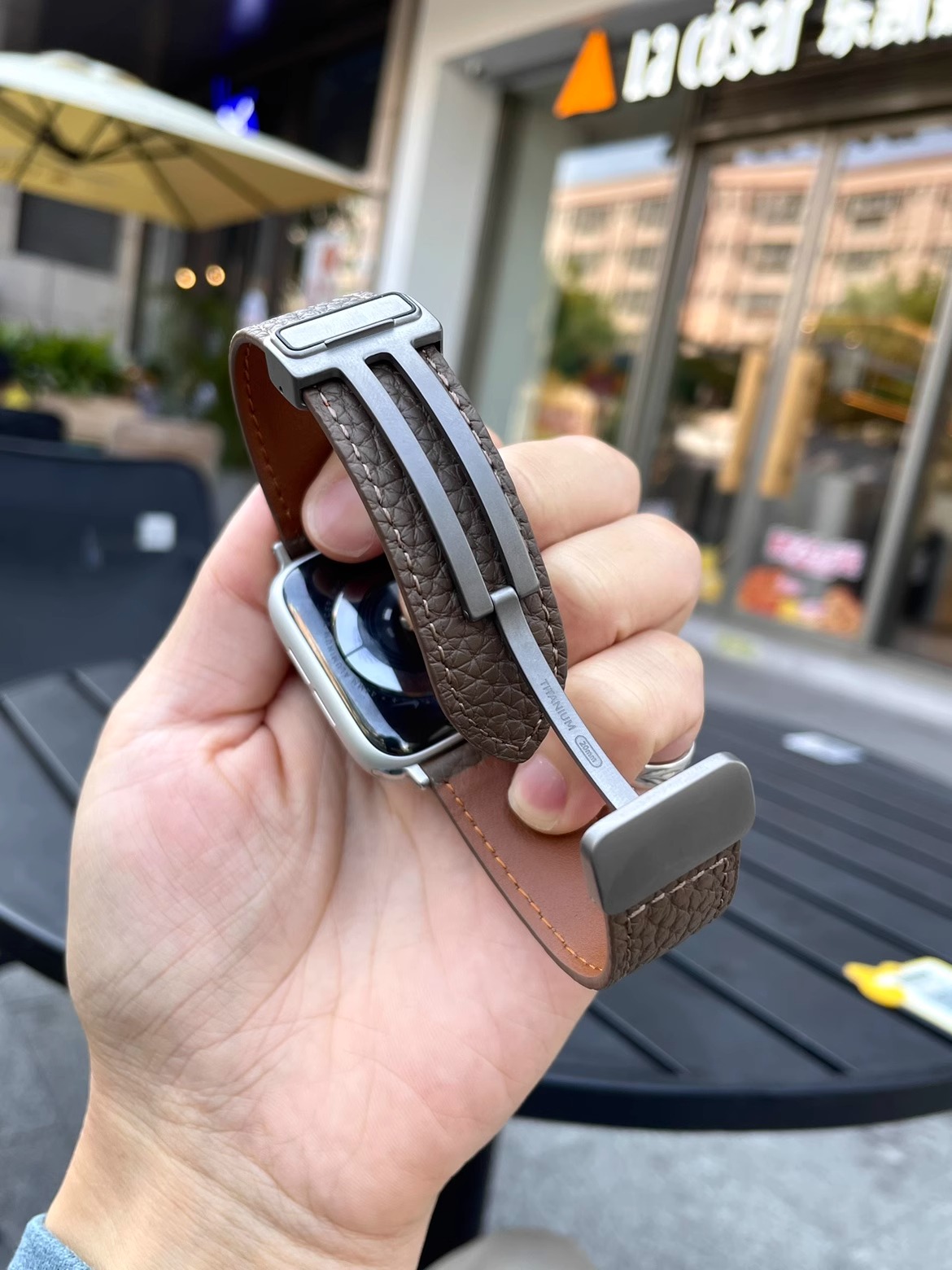 卡客 钛合金磁吸扣适用苹果手表applewatch表带s9荔枝纹ultra真皮