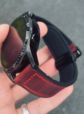 卡客风暴适用华为手表GT2表带GT5pro磁吸扣watch3酒红4疯马皮真皮