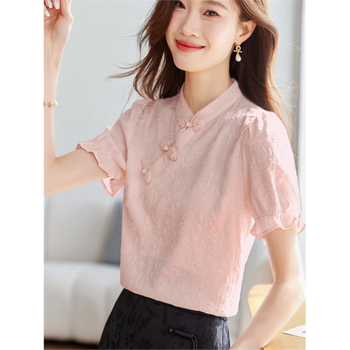 熙世的新中式盘扣改良旗袍提花衬衫女别致复古短袖小衫国风上衣