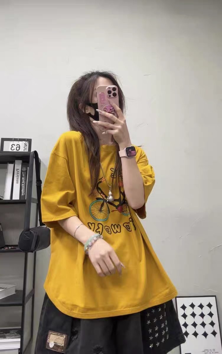 自行车印花宽松显瘦遮肉短袖棉T恤女2025夏季韩版圆领休闲上衣潮