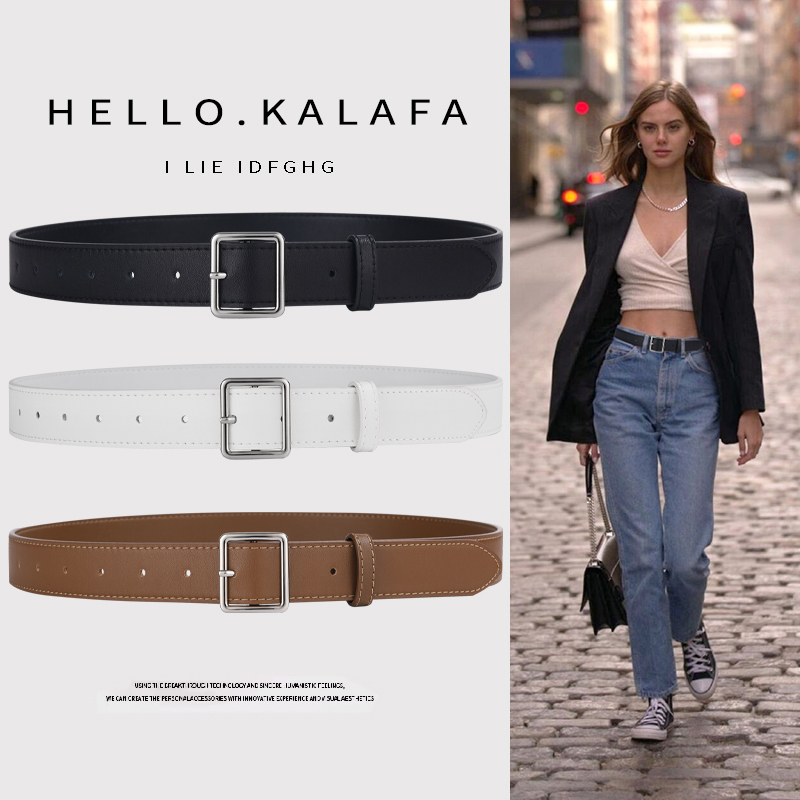 黑色皮带女配牛仔裤时尚真皮方扣