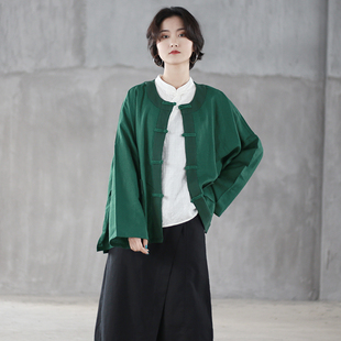 薄外套中国风圆领宽松盘扣上衣拼接对襟上衣 女棉麻大码 春装 2020款