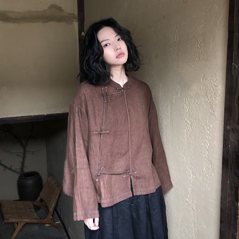 慢慢变蓝-荼中式衬衫复古短款斜襟盘扣上衣红色长袖宽松亚麻上衣