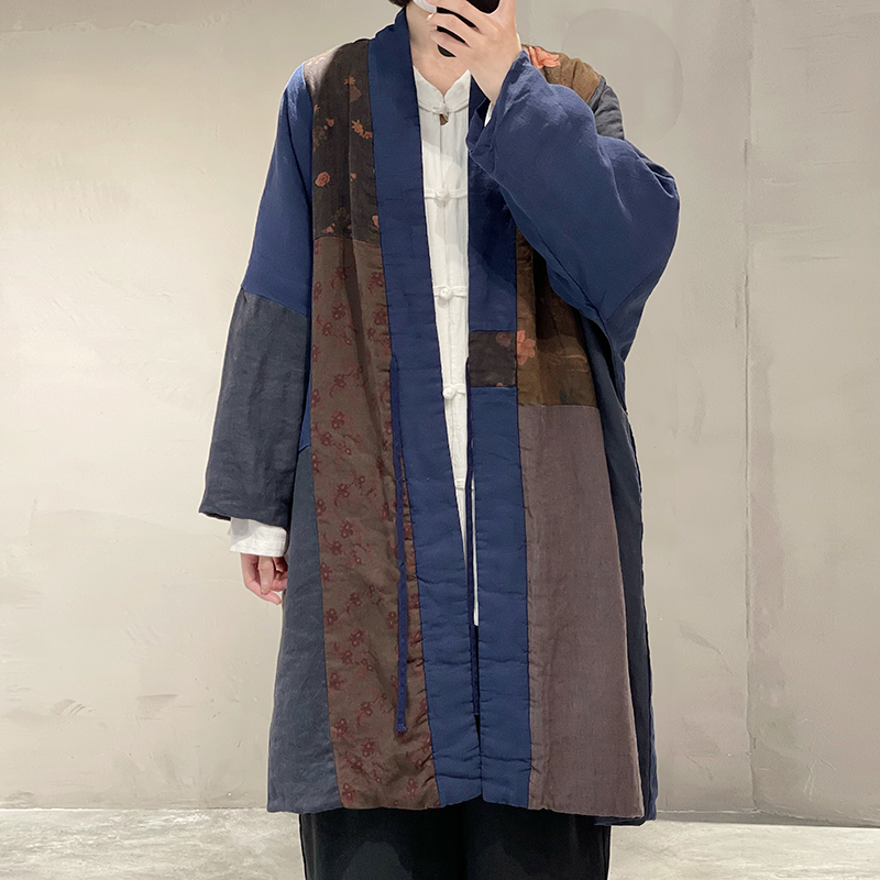 中式中长款宽松拼布保暖系带棉衣