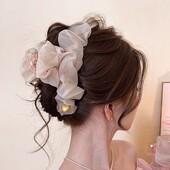 2025新款 高级感春季 发夹后脑勺鲨鱼夹头饰温柔褶皱网纱大号抓夹女