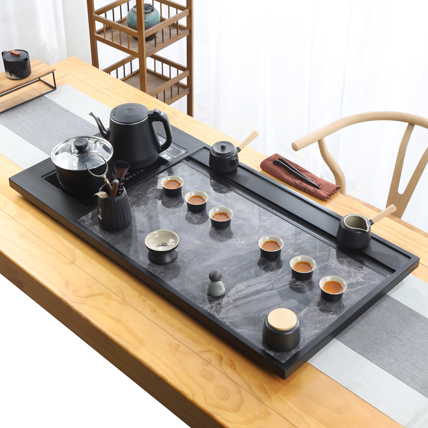 天然整块乌金石茶盘全自动一体茶具家用功夫岩板电热炉简约大茶台
