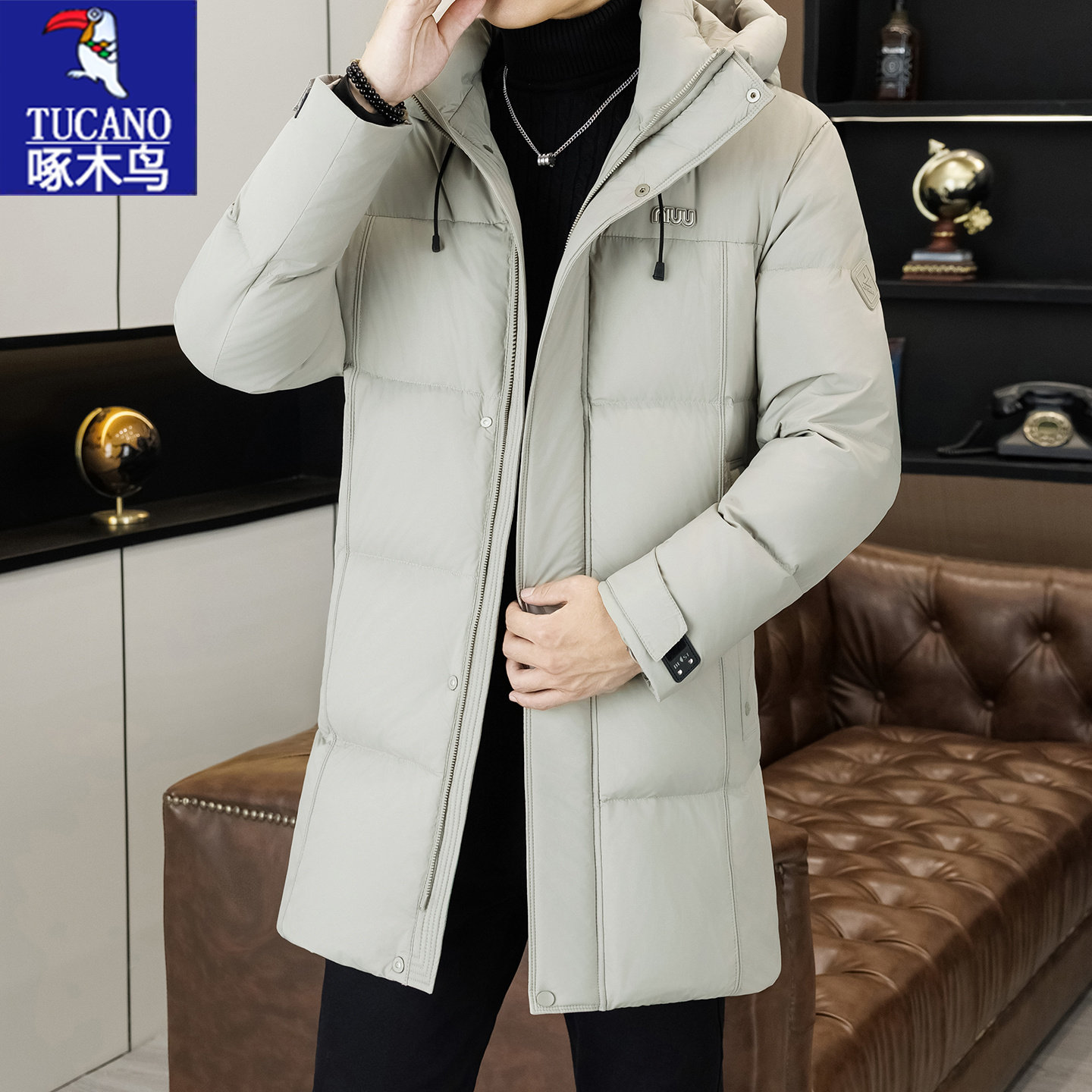 啄木鸟男连帽90白鸭绒加厚羽绒服