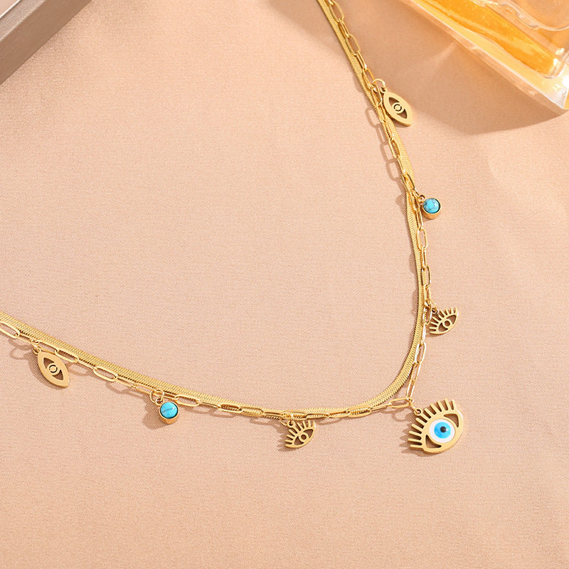 美宸欧美复古民族风小众简约个性恶魔眼睛松石挂件钛钢女双层项链