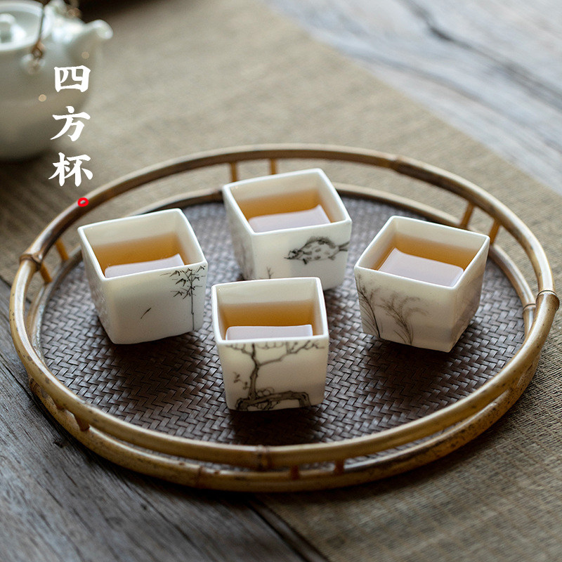 纯手绘茶杯家用功夫茶具创意四方杯子品茗杯水墨画陶瓷主人杯子cj