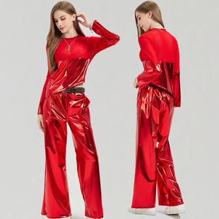 子套装 时髦大气上衣亮皮裤 女jazz舞蹈服街舞潮 爵士舞服装 2025新款