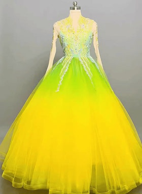 开场舞歌伴舞大摆裙春风十万里渐变黄绿色男女款春晚演出舞蹈服装