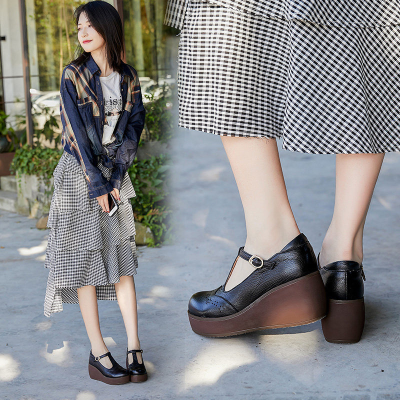 春秋浅口新品复古文艺镂空羊皮单鞋女厚底高跟扣带休闲女鞋皮鞋潮