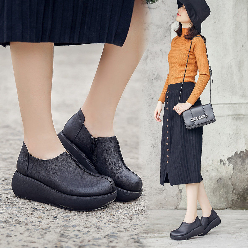 2025春秋新款厚底高跟羊皮单鞋女圆头休闲松糕鞋舒适真皮女鞋皮鞋