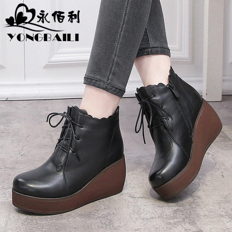 2025冬新款加绒保暖厚底圆头短靴女坡跟高跟牛皮休闲系带女靴皮鞋