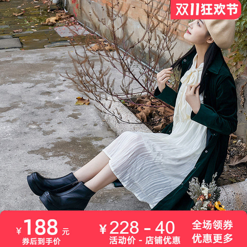 新款坡跟松糕底牛皮休闲圆头女靴