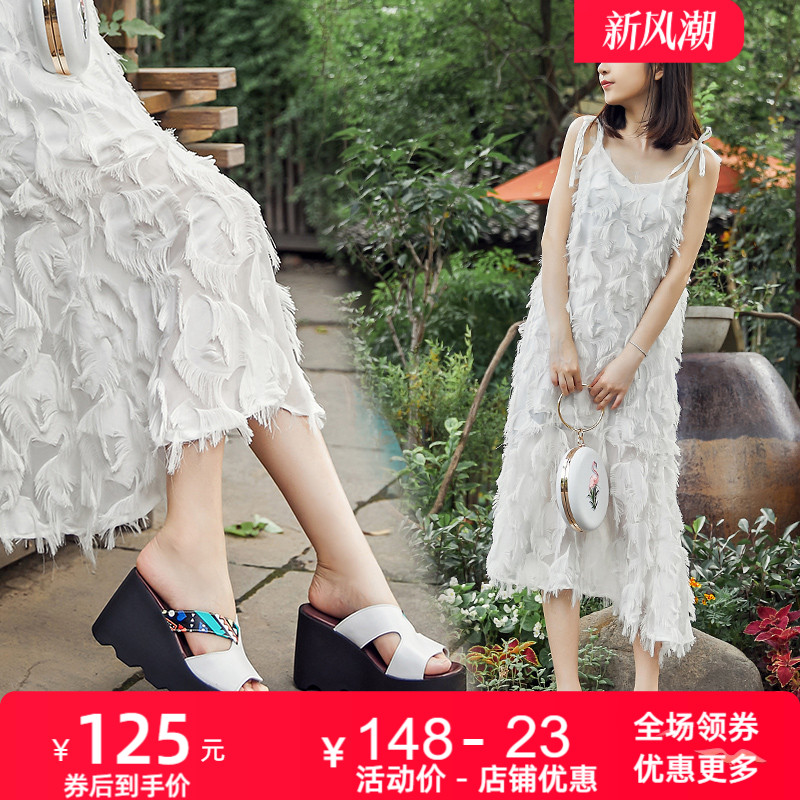 夏季休闲时尚牛皮厚底坡跟凉拖鞋