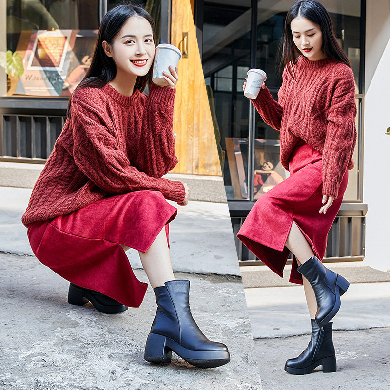 2025冬季新款小众牛皮粗跟高跟时尚短靴女圆头休闲欧美风女靴皮鞋